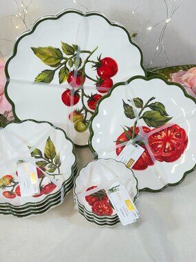 House & Garden Tomatoes Melamine 16 PC Dinnerware Dinner Salad Plates Bowls C